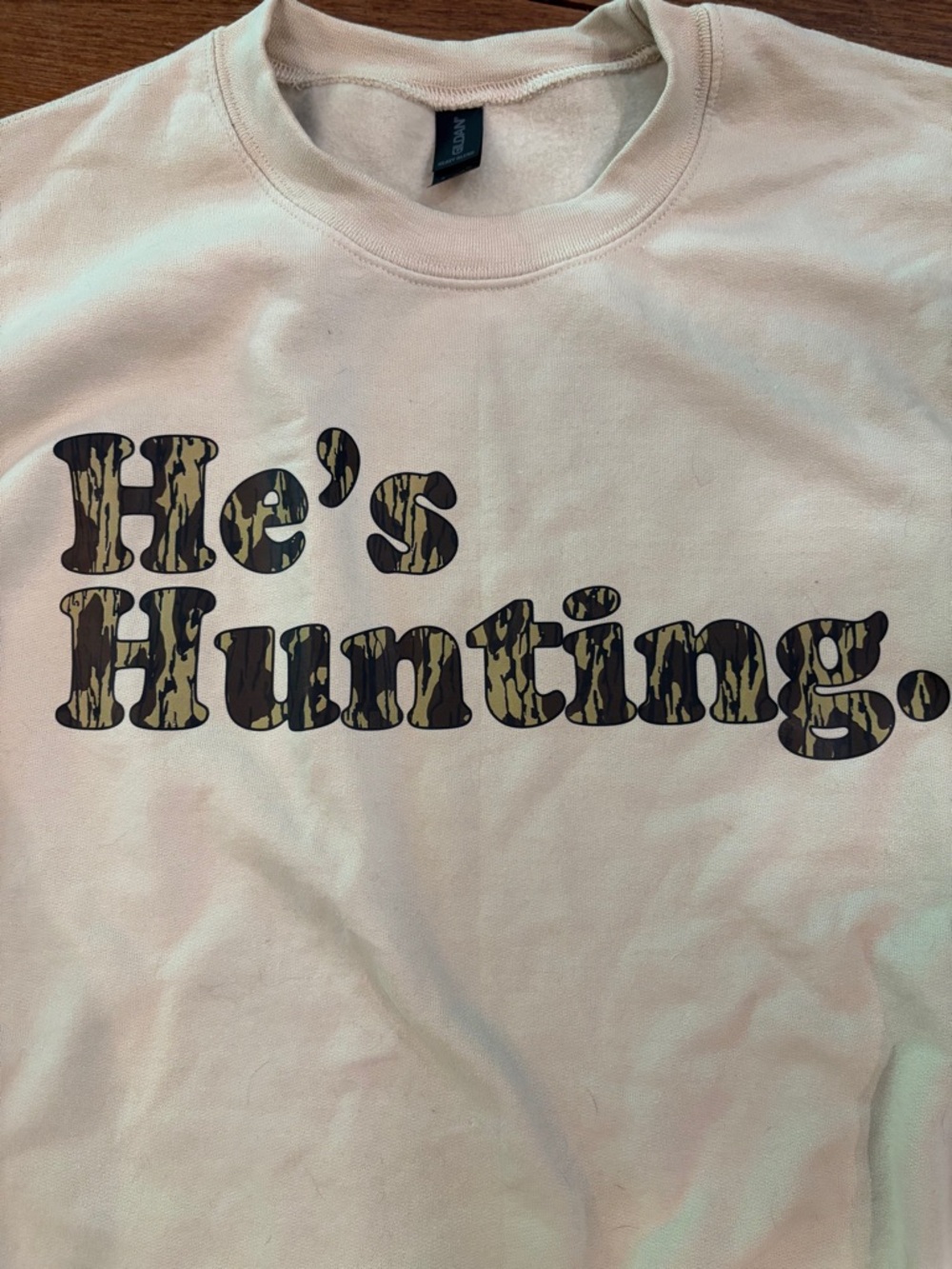 Gildan Cream Women's 'He's Hunting.' Crewneck Sweatshirt - Camouflage Text - Picture 2 of 4